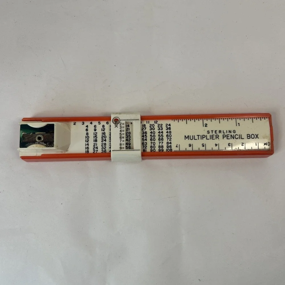 Vintage Multiplier Pencil Box, Sharpener & Ruler, Red White Read